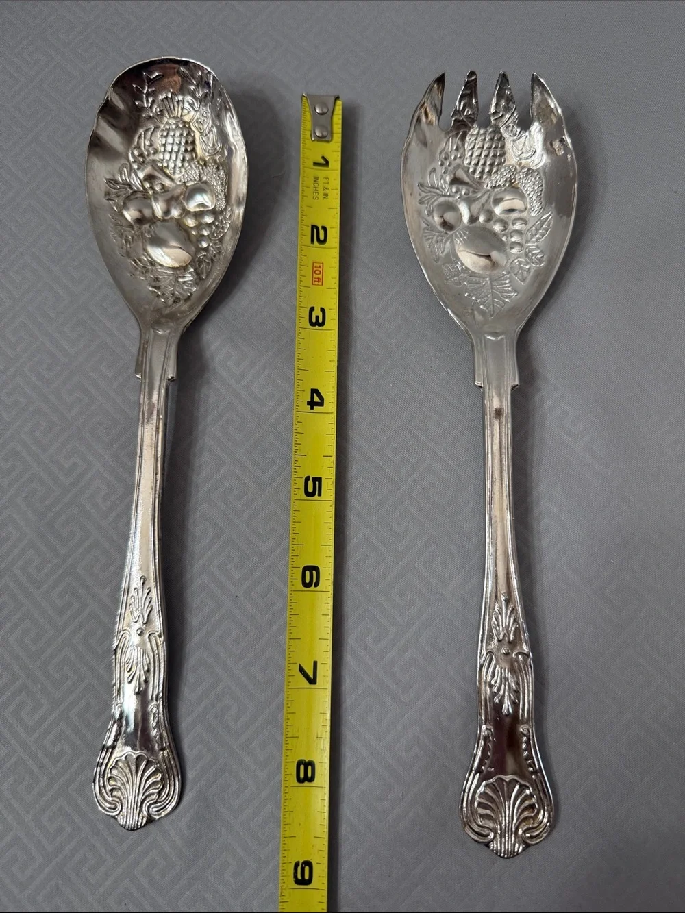 Vtg Ornate Silver Plate Salad Serving Utensils Fruit Motif Made in Hong Kong